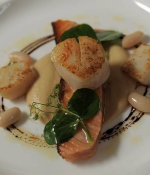 Seared Scallop和糖治疗海洋鳟鱼与Hummus。