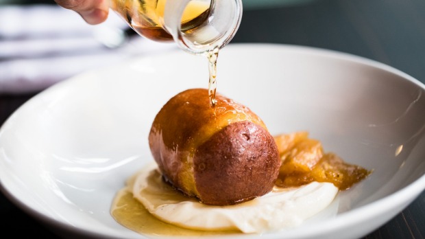 Rum baba with creme diplomat and caramelised pineapple.