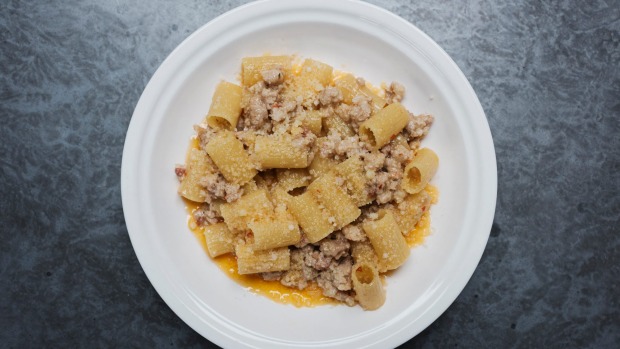Rigatoni,牛奶焖猪肉和辣椒。
