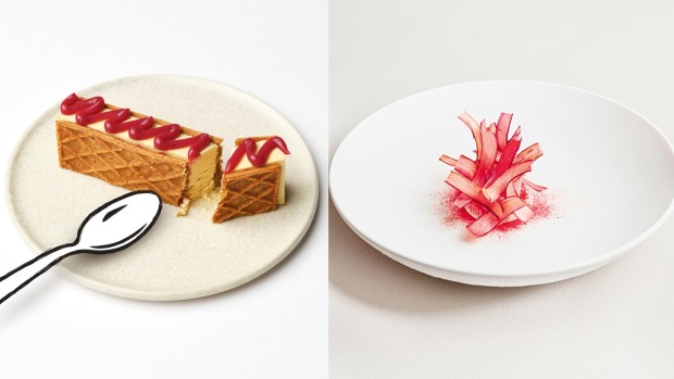位于墨尔本的Aru(左)和Labne,Rhubarb和Davidson Plum Dessert的Kaya Jam Parfait,来自Berowra Waters Inn。