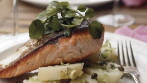 温暖的鲑鱼，土豆和莳萝沙拉。