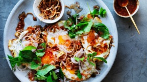 Fried eggs with nahm jim.