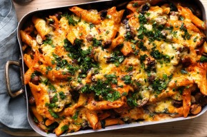 这款Stroganoff-Inspired Pasta Bake跳过牛肉。