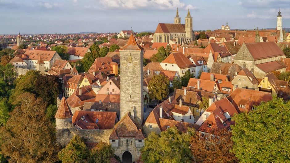 俯瞰Rothenburg ob der Tauber在德国的浪漫之路。