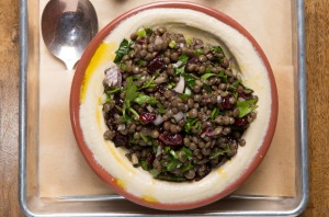 鹰嘴豆泥配扁豆和谷物沙拉。