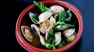 在Ettalong海滩的Osteria Il Coccia餐厅，蛤蜊在火上打开，放在一池黄油汁中享用。