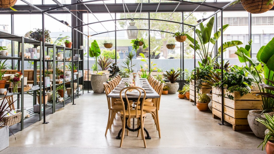 Greenery装饰着填充的咖啡馆/面包店部分。