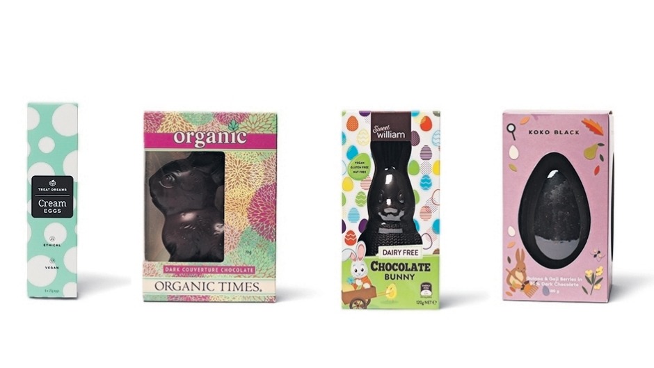 左起:Treat Dreams奶油蛋;Sweet William Chocolate Bunny;有机时代的小复活节兔子;可可黑藜麦…